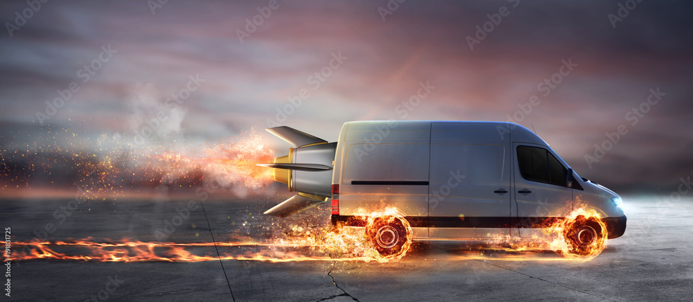 Super fast delivery of package service with van with wheels on fire - obrazy, fototapety, plakaty 