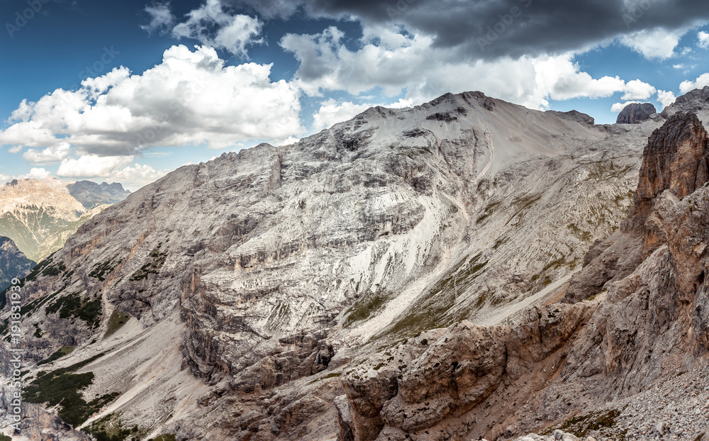 Panorama of mountain ridge of Costabella - Mount Cristallo, Cortina d'Ampezzo, Dolomites, Italy