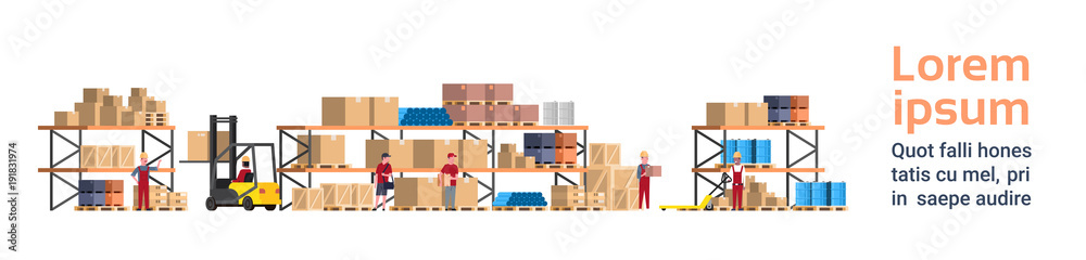 Warehouse Interior Box On Rack And People Working. Logistic Delivery Service Concept Template Background With Copy Space Flat Vector Illustration Warehouse Interior Box On Rack And People Working. Logistic Delivery Service Concept Template Background With Copy Space Flat Vector Illustration