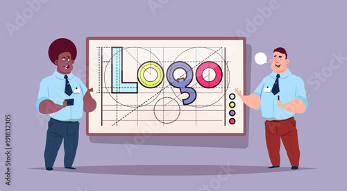 Two Business Men Over Logo Word Creative Graphic Design On Abstract Geometric Shapes Background Vector Illustration