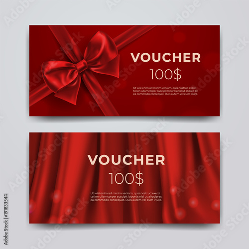 Gift voucher design template. Set of premium promotional card with realistic red bow, ribbon and silk isolated on bokeh background. Discount certificates, coupon or leaflet. Vector 3d illustration.