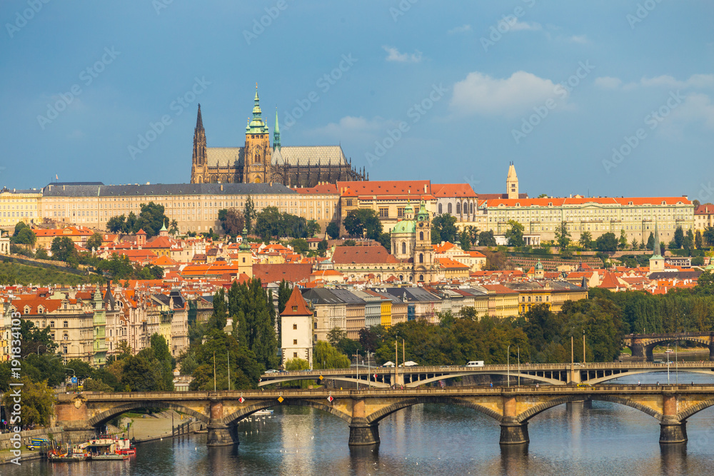 View on the Prague Castle, Prazsky hrad in Czech, and Vltava river.
