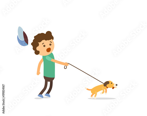 Little boy walking with his naughty puppy vector illustration. Isolated cartoon character