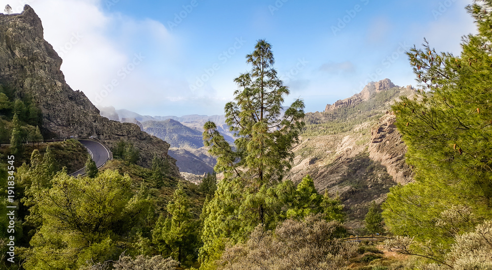 View on a path to Roque Nublo mountain, Gran Canaria, Canary Islands, Spain. A winding road to the famous rock. 
