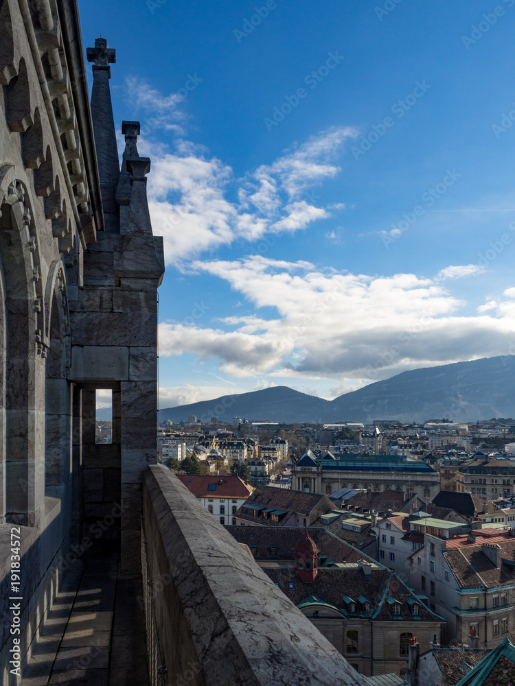 View of Geneva from the height of the Cathedral of Saint-Pierre, Switzerland. Blue sky. January, 2018