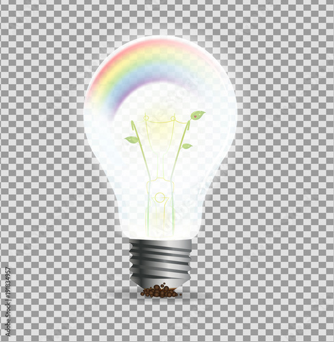 Eco lightbulp concept, realistic light bulp with rainbow and plant inside, ecology photo