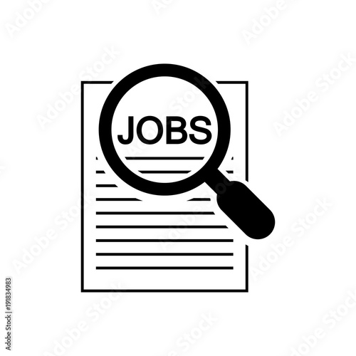 Icono plano JOBS con lupa en color negro