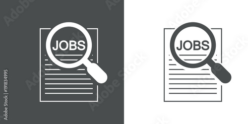 Icono plano JOBS con lupa en gris y blanco