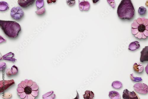 Purple flower decorations on white background. Free space for text.