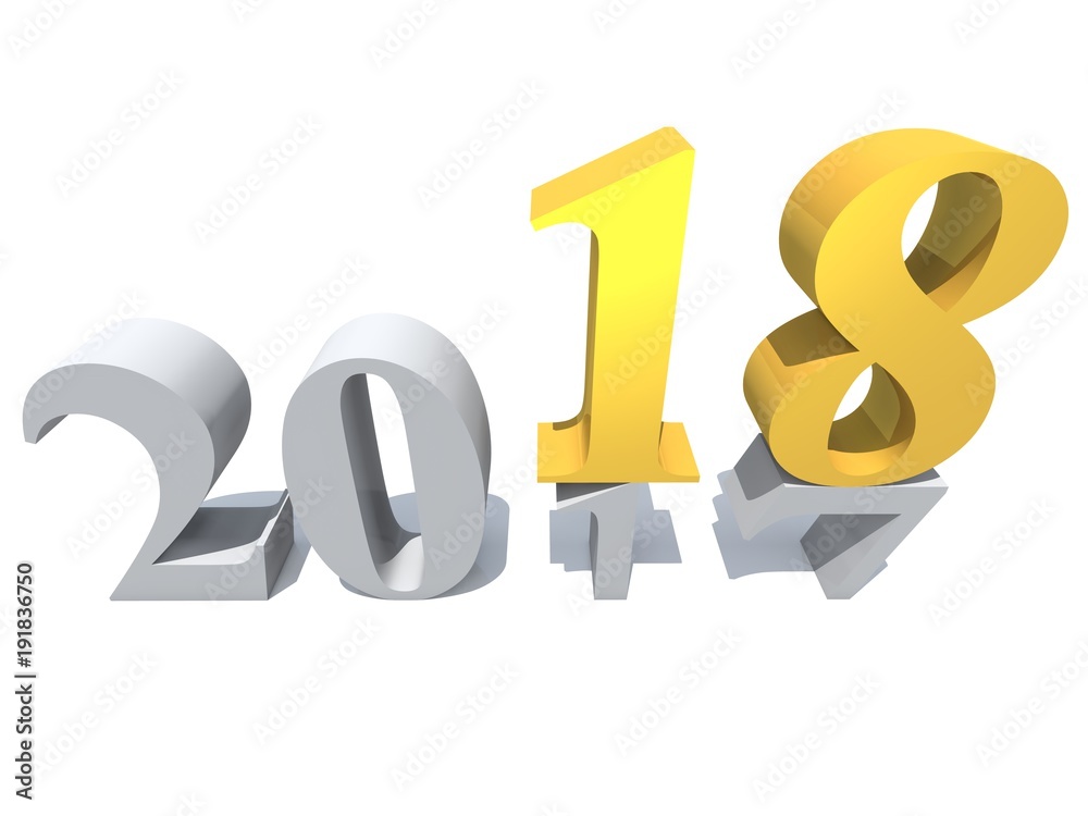 2018 white and yellow gold abstract happy new year eve, holiday symbol or number on 2017 text, white snow isolated background. Time celebration season change or future metaphor to hope 3d illustration 2018 white and yellow gold abstract happy new year eve, holiday symbol or number on 2017 text, white snow isolated background. Time celebration season change or future metaphor to hope 3d illustration
