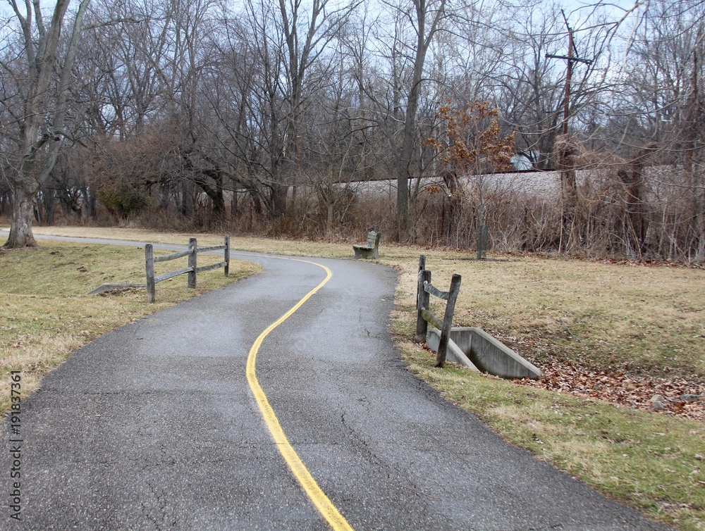 The winding path in the park on a cloudy day.