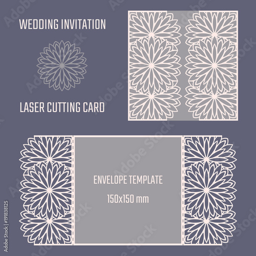 DIY laser cutting vector envelope. Wedding die cut invitation template. Cutout silhouette card. Scrapbook carved paperwork. Floral layout.