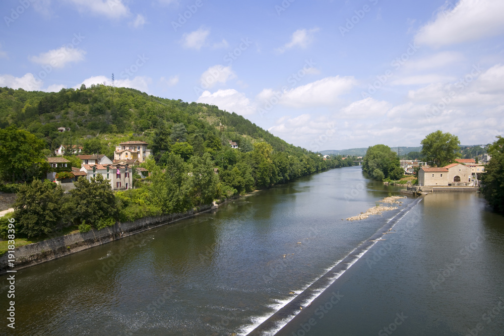 View down the River Lot from Pont Valentre, Cahors,  Lot, France