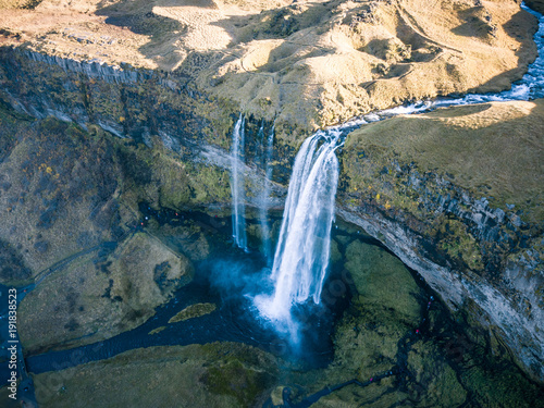 Vászonkép Travel to iceland seljalandsfoss waterfall of seljalands river drone picture