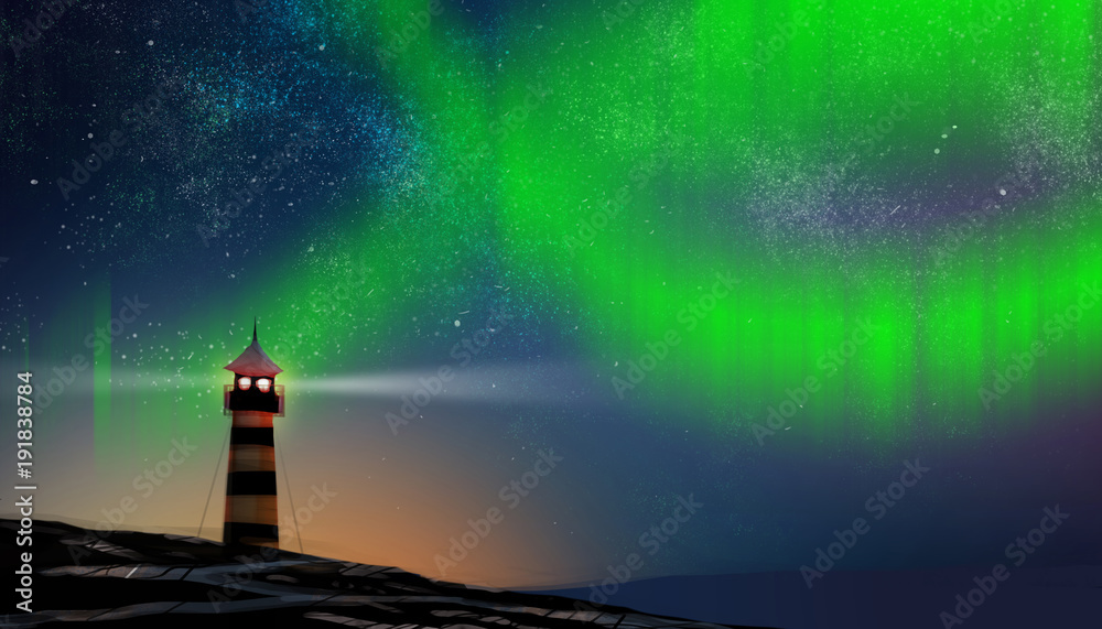a Lighthouse in starry night and north light, digital art illustration painting.