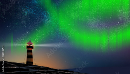 a Lighthouse in starry night and north light, digital art illustration painting.