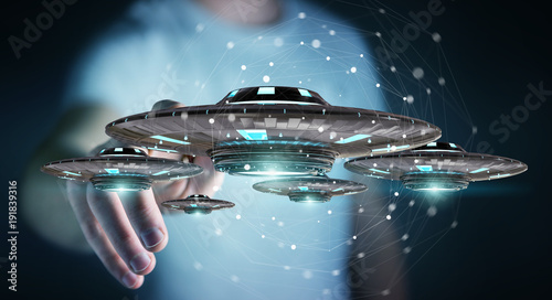 Fototapeta Naklejka Na Ścianę i Meble -  Businessman with retro UFO spaceship 3D rendering