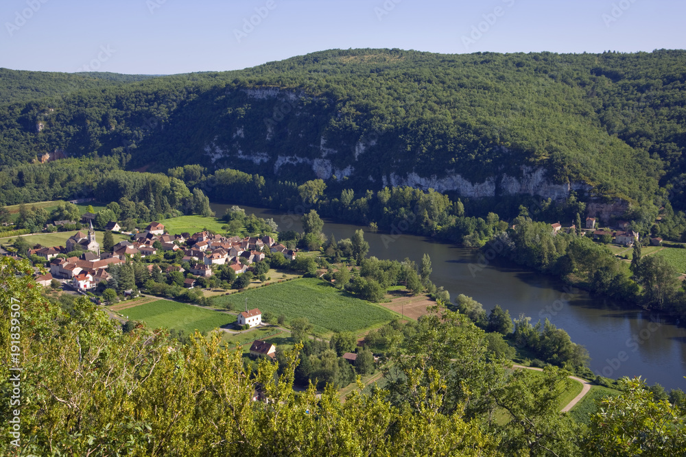 Picturesque rural valley village and River Lot, St Martin Labouvel, Lot, France