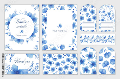 Billede på lærred Set of wedding cards with blue flowers