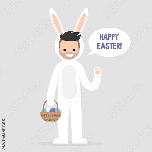 Happy easter. Young character wearing a white bunny costume and holding a basket with dyed eggs. Holidays. Flat editable vector illustration, clip art. Culture and celebrations.