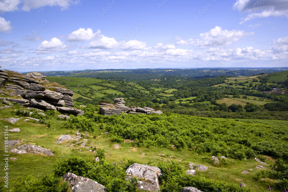 A view over rolling Dartmoor countryside from Hound Tor, Devon, UK