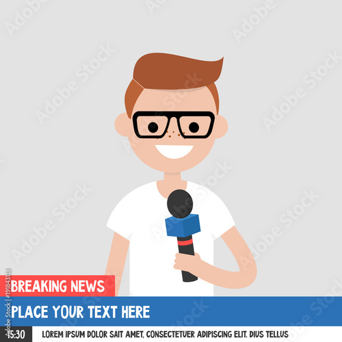 Breaking news. Young smiling reporter holding a microphone. Mockup. Copy space. Flat editable vector illustration, clip art