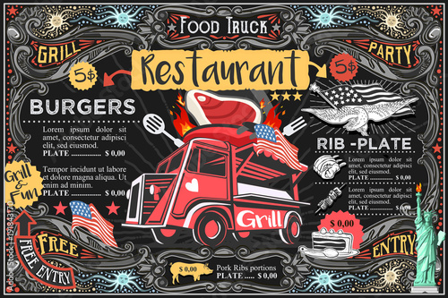 Food truck menu with logo. Hipster advertise layout. Us vector design.