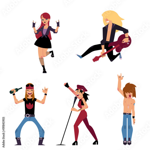 Set of young rock musicians - singer, band leader, guitarist, cartoon vector illustration isolated on white background. Set of cartoon rock band participant, singer, bandleader, guitarist characters