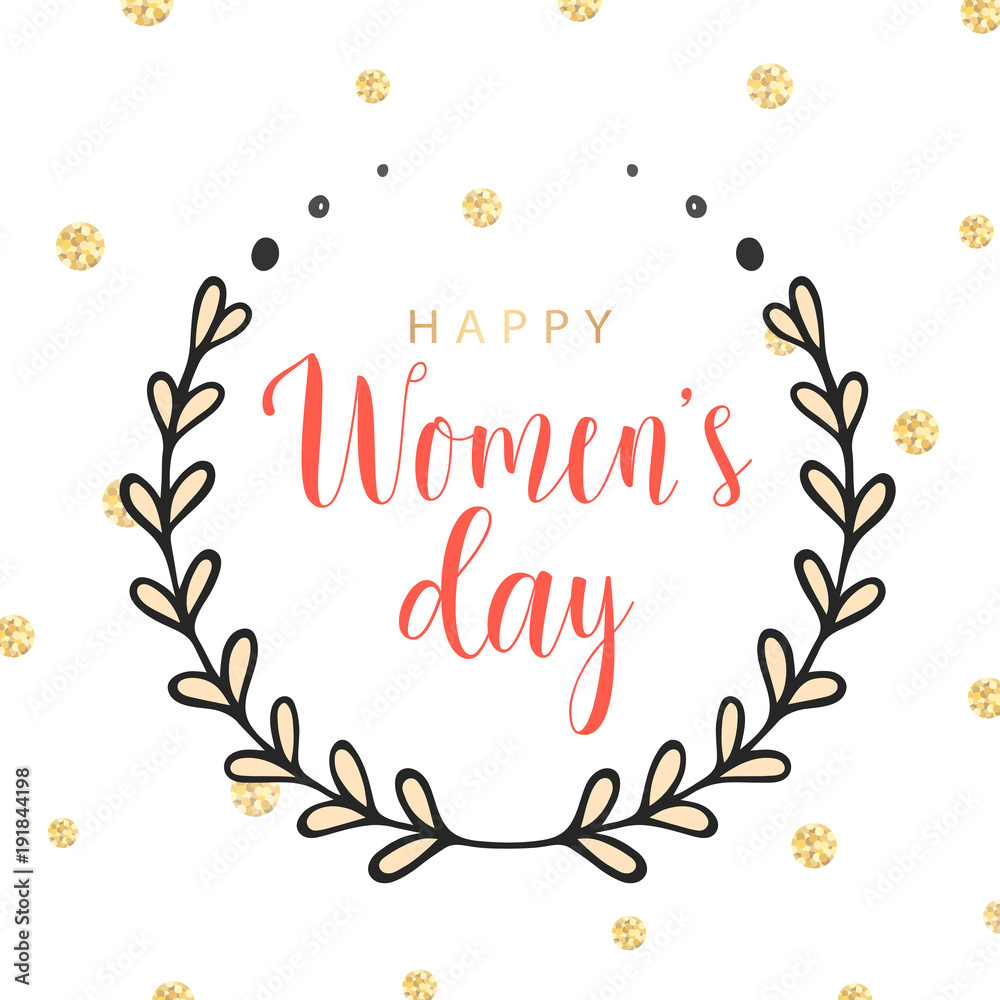 Happy women's day template card. Vector greeting card with round floral branch and red text. Pattern with gold round glitter. 8 March.