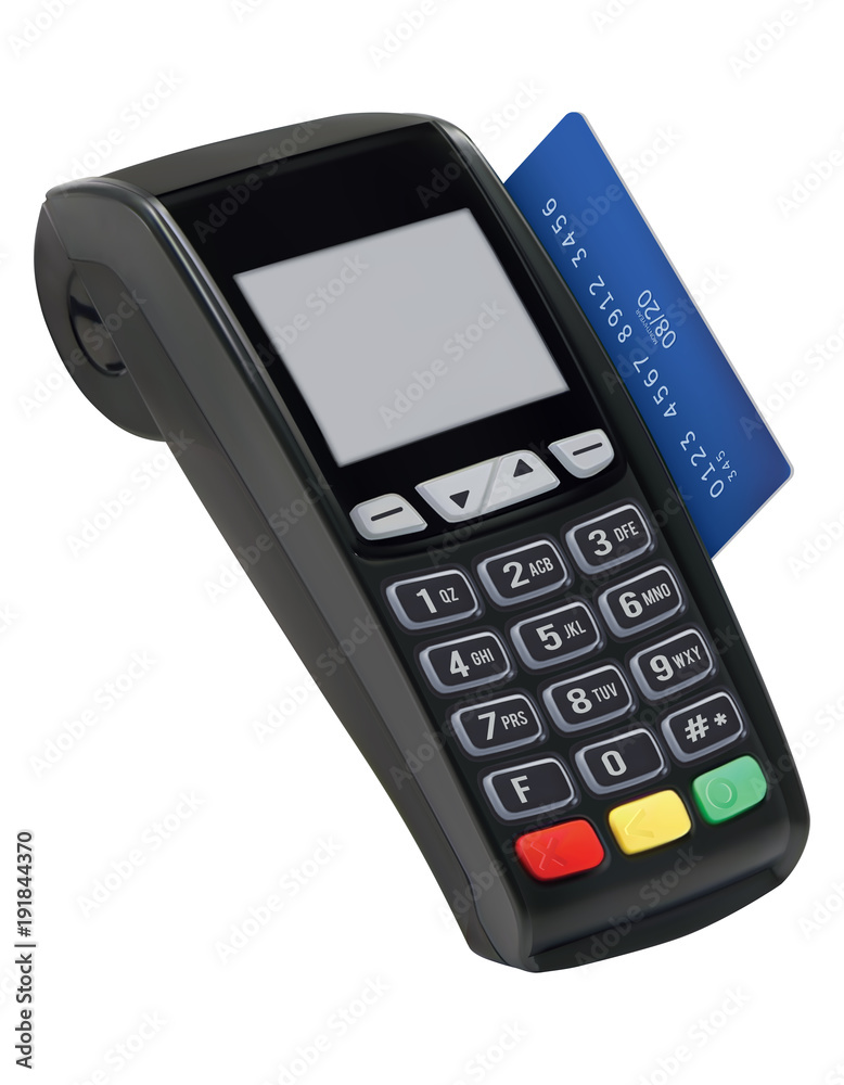 Pos terminal with card isolated. Paying with credit card. Vector 3d illustration Pos terminal with card isolated. Paying with credit card. Vector 3d illustration