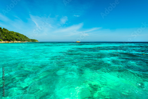 Wonderful turqoise sea at Andaman sea, Beautiful beach and gentle wave at Surin Island, Thailand