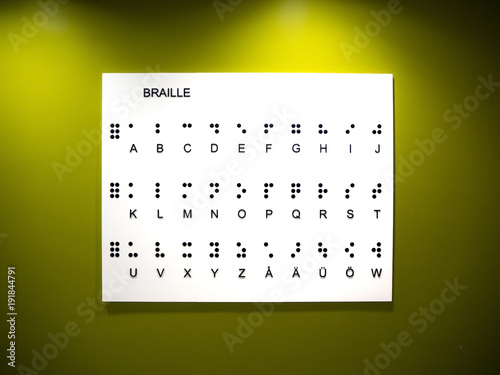 A table showing all the braille alphabet with a yellow illuminated background.