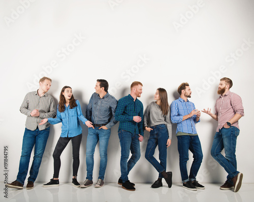 Group of boys and girls speak talking to each other. Concept of social people