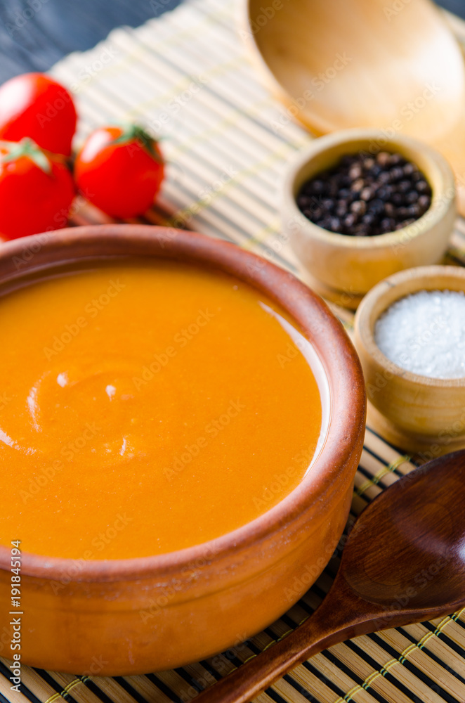 Tomato soup prepared in traditional italian style Tomato soup prepared in traditional italian style