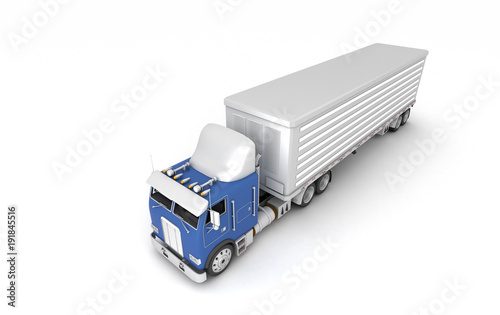 Logistics concept. American Freightliner Cargo truck transporting goods moving from right to left isolated on white background. Top view. 3D illustration