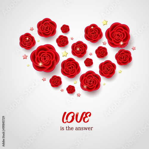 Red realistic flowers and golden starsin heart shape. 3d roses on white background. Love design. Valentines day card photo