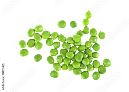 Fresh corn of green peas isolated on white background, top view