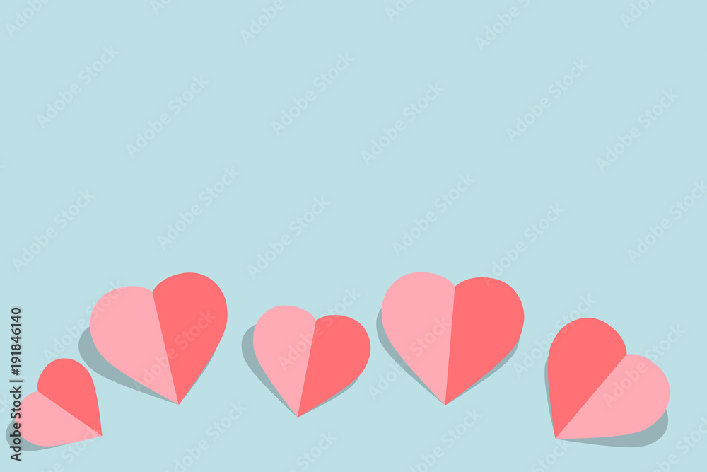 vector illustration with pink paper hearts Valentines day card on pastel blue background with copy space for greeting card or wedding card
