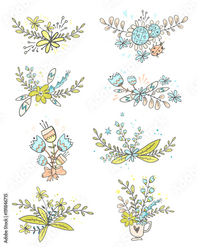 Vector collection of floral doodle bouquets. Flowers leaves  her