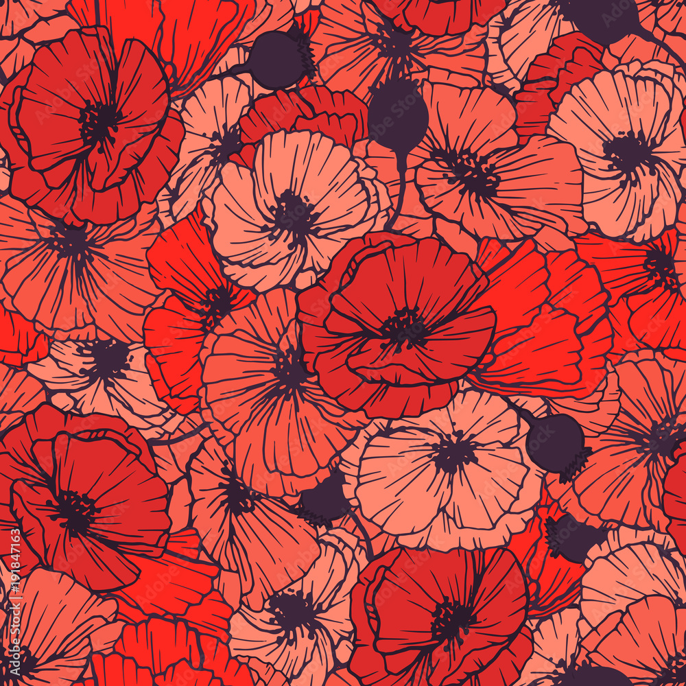 Fototapeta premium Red Poppies Seamless Pattern. Summer Flowers in Linear Engraving Style. Vector Floral Repeating Pattern for Cover , Print Design