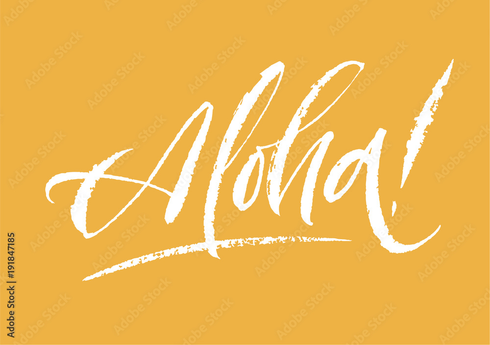 Fototapeta premium Aloha lettering. Hand drawn calligraphy brush pen text on bright background. Postcard minimal inscription. Summer time