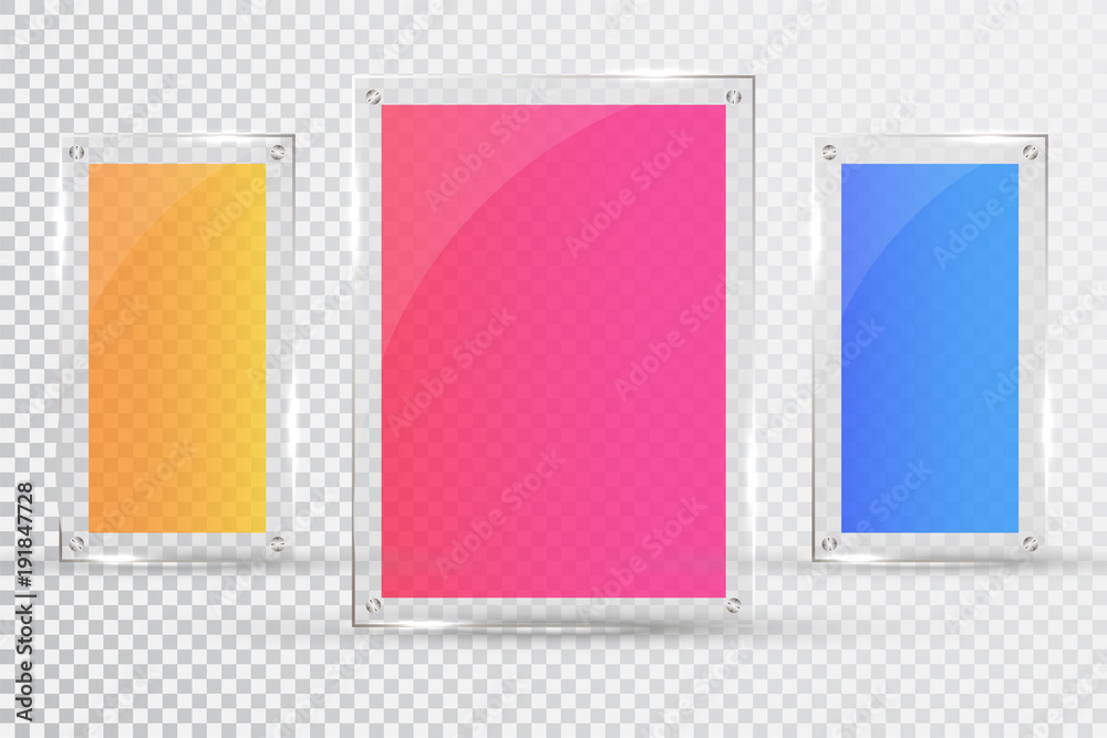 Glass plates are installed. Vector glass banners on a transparent background. Glass. Glass paintings. Color frames Glass plates are installed. Vector glass banners on a transparent background. Glass. Glass paintings. Color frames