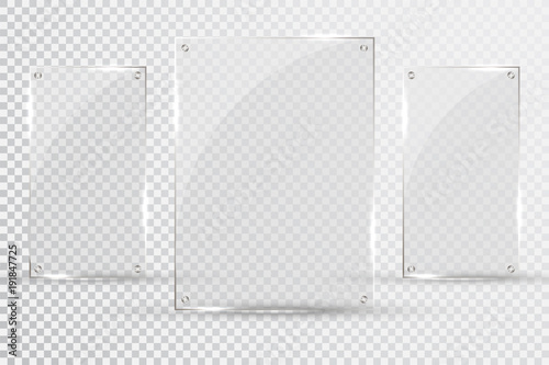 Glass plates are installed. Vector glass banners on a transparent background. Glass. Glass paintings. Color frames