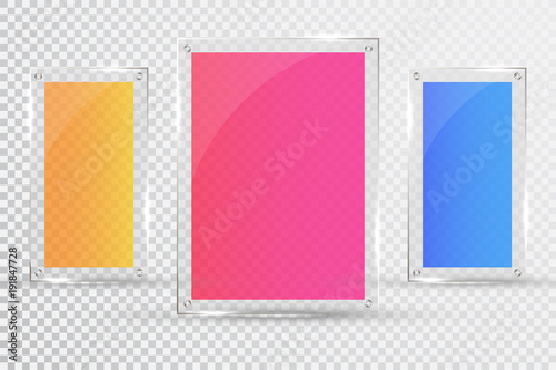 Glass plates are installed. Vector glass banners on a transparent background. Glass. Glass paintings. Color frames