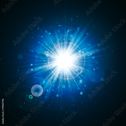 Star burst with sparkles. Light effect. Blue glitter texture