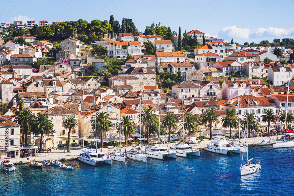 View of the Hvar town, Hvar island, Dalmatia, Croatia. Famous landmark and touristic destination for travel in Europe