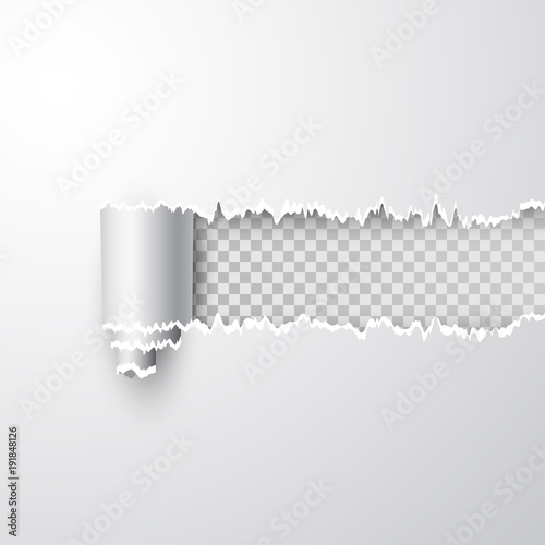 Vector torn hole in sheet of white paper. Transparent background of resulting window. Template paper design