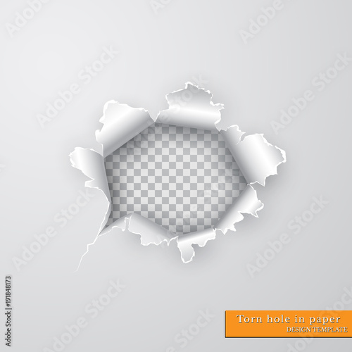 Torn hole in paper with ripped edges with shadow on transparent background. Graphic concept for your design