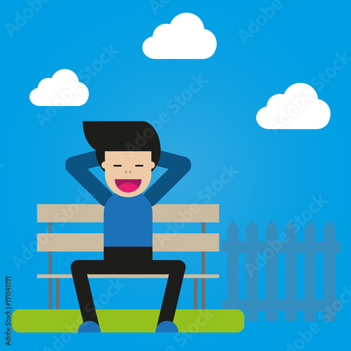 Junge sitzt im Park auf einer Bank und entspannt - Vector Illustration