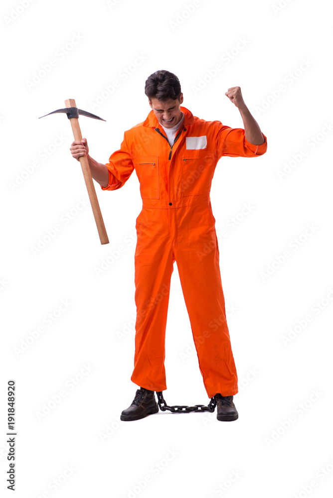Prisoner with axe isolated on white background